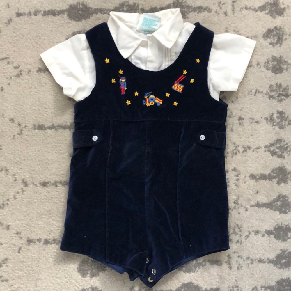 Vintage Button up top with Velvet Overall Set